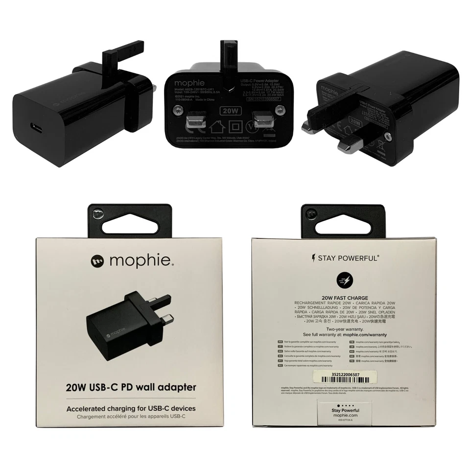 Mophie 20W USB-C Schnellladeadapter UK-Netzstecker Schwarz Ladegerät Nur - Bild 1 von 4