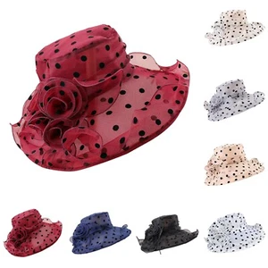 Women's Church Derby Tea Party Wedding Hat Polka Dot Wide Brim Organza Sun Hats - Picture 1 of 42