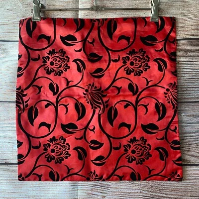 Red Satin Cushion Cover with Velvet Floral Print ~ 34cm x 34cm - Image 1 of 4