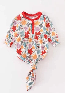 Girl's Boutique Red Fall Leaf Floral Print Bamboo Baby Knot One Piece Outfit - Picture 1 of 8