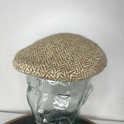 VTG Irish Tweed Flat Cap Men size 7 Beige Herringbone Wool Made Ireland Newsboys - Image 1 of 4