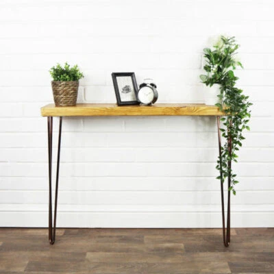 Console Table Solid Reclaimed Timber Slimline Copper Hair Pin Legs 24CM X 4.4CM - Image 1 of 4