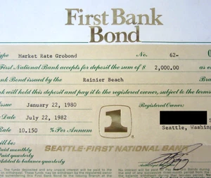 Seattle First National Bank Bond Certificate Market Rate Grobond Seafirst 1980 - Picture 1 of 5
