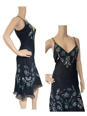 Vestido de Noche Papell Boutique Negro Seda Floral Embellecido Sesgado Talla 6 Nuevo con Etiquetas Foto 1 de 4