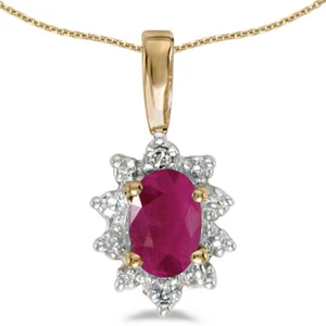10k Yellow Gold Oval Ruby And Diamond Pendant with 18" Chain - Picture 1 of 3