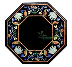 Black Marble Coffee Table Top Multi Stones Inlay Elephant Design Home Interior - Picture 1 of 3