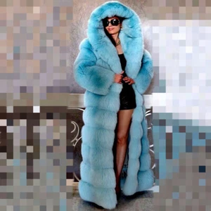 Full Length Women Fashion Real Fox Fur Hood Coat Genuine Fur New Overcoat Jacket - Picture 1 of 4