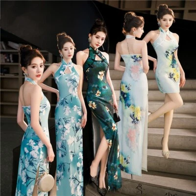 Women Halter Cheongsam Satin Sleeveless Dress Chinese Prom Qipao Slim Stage - Image 1 of 4