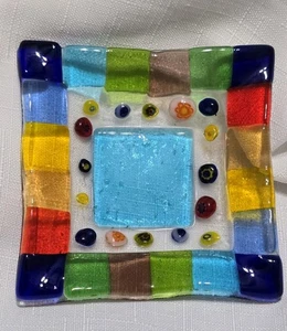 Fused Studio Art Glass Millefiori Trinket Dish 3.5" Square - Picture 1 of 7