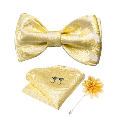 Juego de pajaritas de cachemira amarillas para hombre autoatadas con solapa cuadrada de bolsillo... Foto 1 de 4