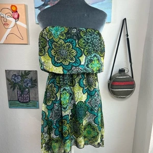 Y2K Floral Juniors Grande Verde Azul Boho - Mini Vestido Sin Tirantes - Top Estirado - Imagen 1 de 6