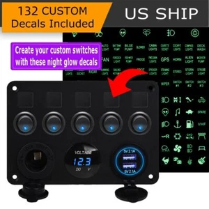5-Gang 12V 24V Inline Fuse Box LED Switch Panel Dual USB Car Boat Truck Camper - Picture 1 of 12