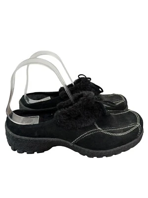 Bare Traps 8.5 Black Leather Clog Slip-On Faux Fur Lined Comfort Chunky Sole - Image 1 of 4