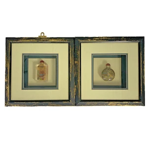 Miniature Reverse Painted Glass Chinese Perfume Snuff Bottle X2 Framed W10 - Picture 1 of 22