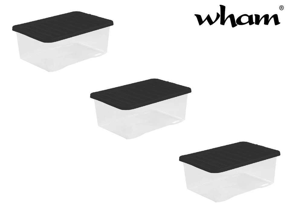 PACK OF 3 PLASTIC CLEAR STACKABLE STORAGE / SHOE BOXES  WITH BLACK LIDS - 11L - Image 1 of 1