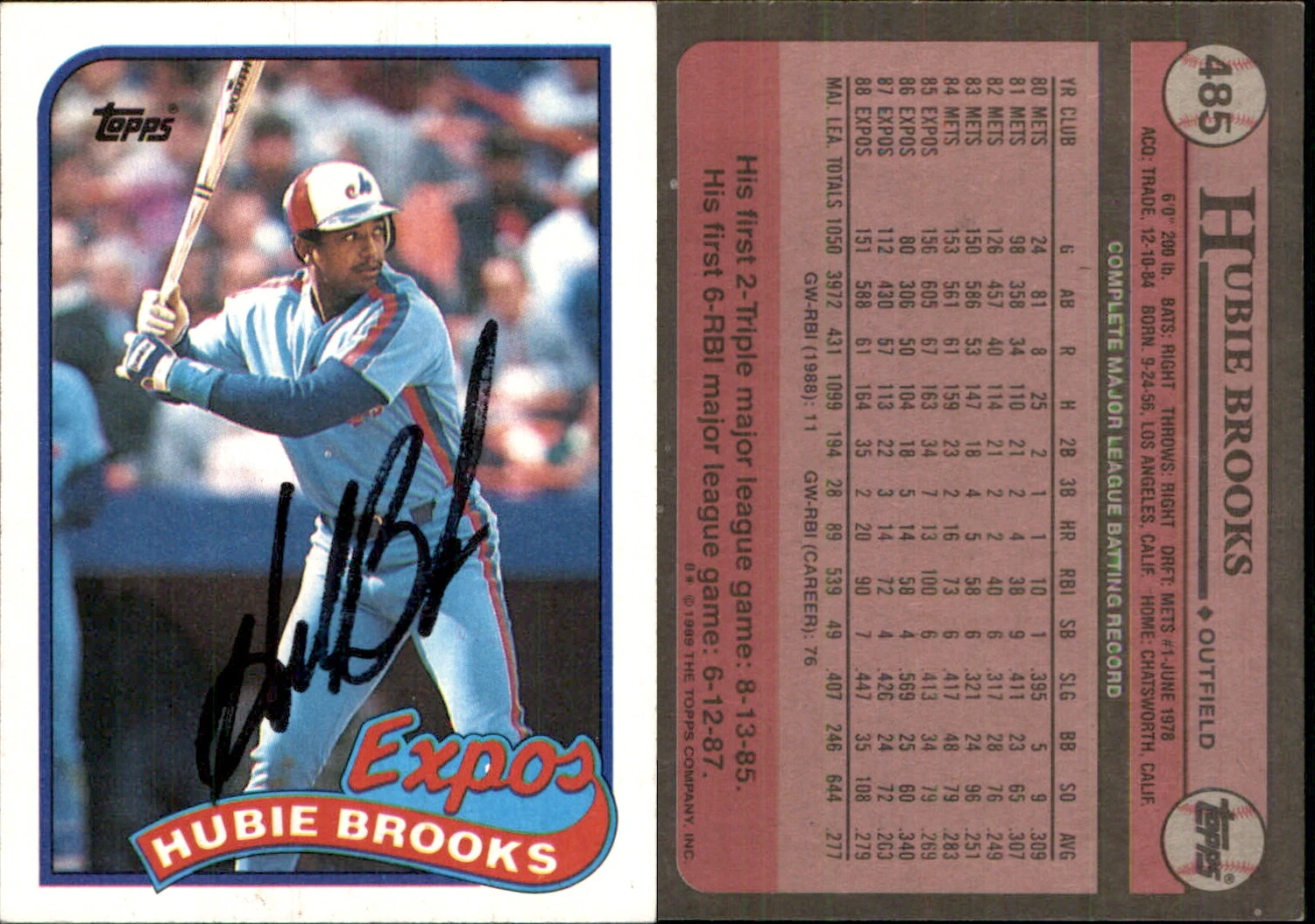 Hubie Brooks Signed 1989 Topps #485 Card Montreal Expos Auto AU