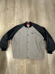 Vintage 90s Nike Air Letterman Wool Leather Jacket Men's Medium Grey Blue - Picture 1 of 10