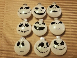 JACK SKELLINGTON NIGHTMARE BEFORE CHRISTMAS ORNAMENTS HANDMADE GLITTER SET OF 9 - Picture 1 of 1
