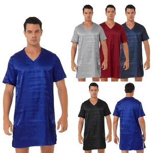 UK Men Satin Nightshirts Sleepwear Nightwear Pajama Tops Knee Length Night Shirt - Picture 1 of 91