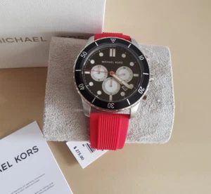 MICHAEL KORS MK8973 BLACK CHRONOGRAPH DIAL RED SILICONE STRAP MENS WATCH - Picture 1 of 2