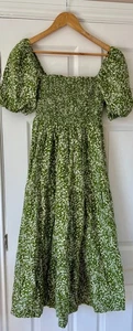 Abercrombie & Fitch Smocked Dress Green Floral Linen Blend Medium - NEW - Picture 1 of 13