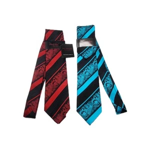 2 Pk Paul Malone Redline Palm Beach Ties, Red/Black & Aqua/Black, Stripes Silk - Picture 1 of 6