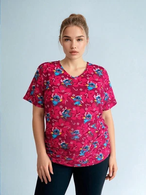 Disney Lilo & Stitch Christmas Scrub Top Large Red Holiday Nurse Doctor Uniform - Image 1 of 4