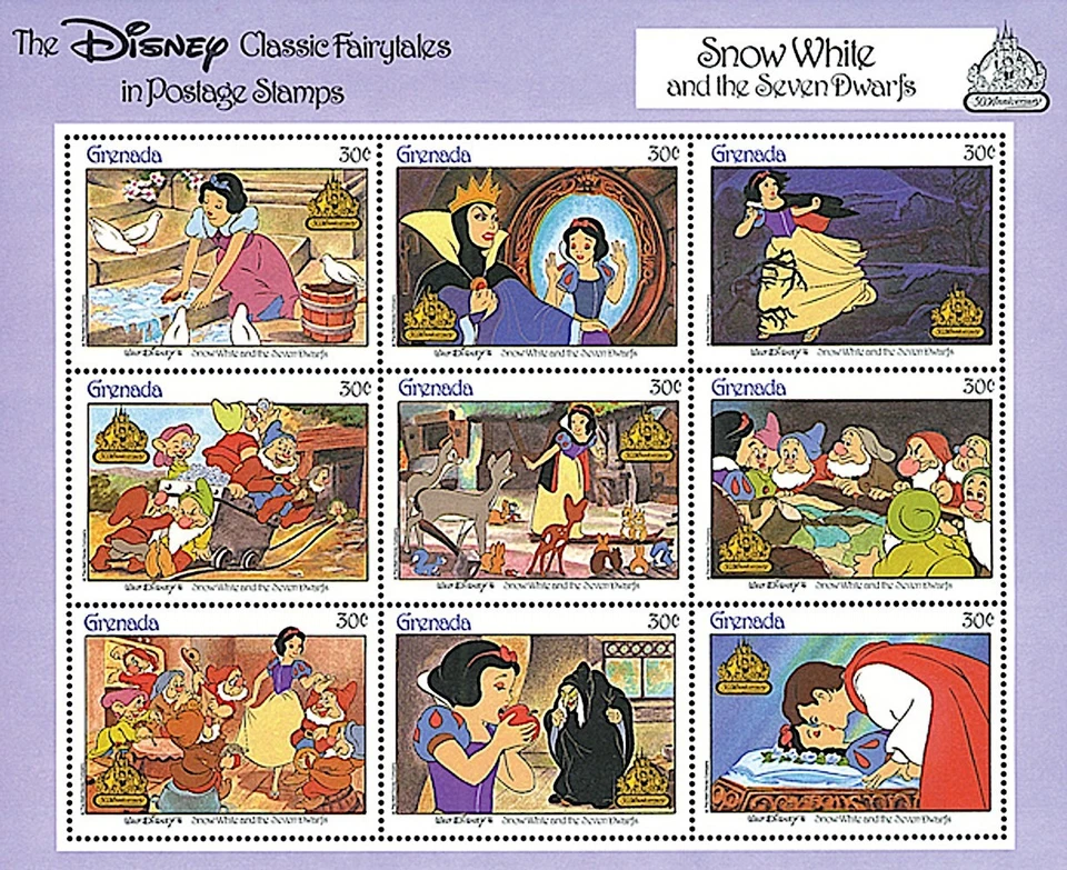 1987 DISNEY Snow White and the 7 Dwarfs MNH Sheet 9 x 30¢ Grenada Stamps #1540a - Image 1 of 1