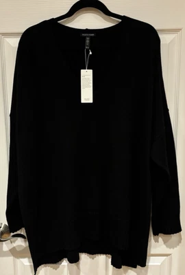 全新带标签 Eileen Fisher 黑色超细美利奴羊毛 V 领盒上衣毛衣 $298 3X — 第 1/4 张图片