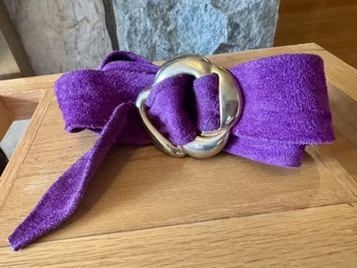 Vintage Wide Belt Cinch Purple Suede Leather Gold Buckle Bold Statement 1980s M - Image 1 of 4
