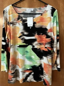 Calvin Klein watercolor bell-sleeve V-neck Pullover blouse NWT Size L - Picture 1 of 7