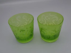 Frosted Etched Scrollwork Rocks Glasses Old Fashioned Green Blown Art Glass 12oz - Picture 1 of 20