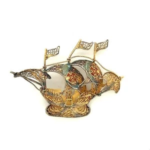 Vintage Sterling Gold Wash Filigree Colored Enamel Galleon Ship Boat Brooch Pin - Picture 1 of 6