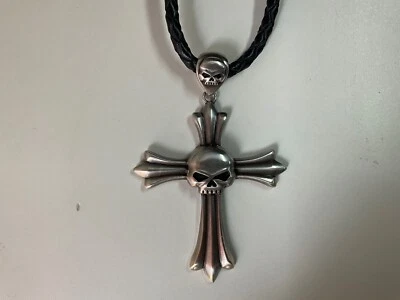 Harley-Davidson Willie G skull Cross pendant. Silver plated w/ black leather. - Image 1 of 4