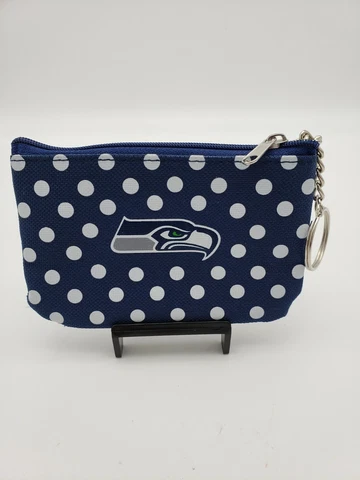 Seattle Seahawks Coin Purse Blue Polka Dot with Key Chain Zipper Close Nylon NEW Cover