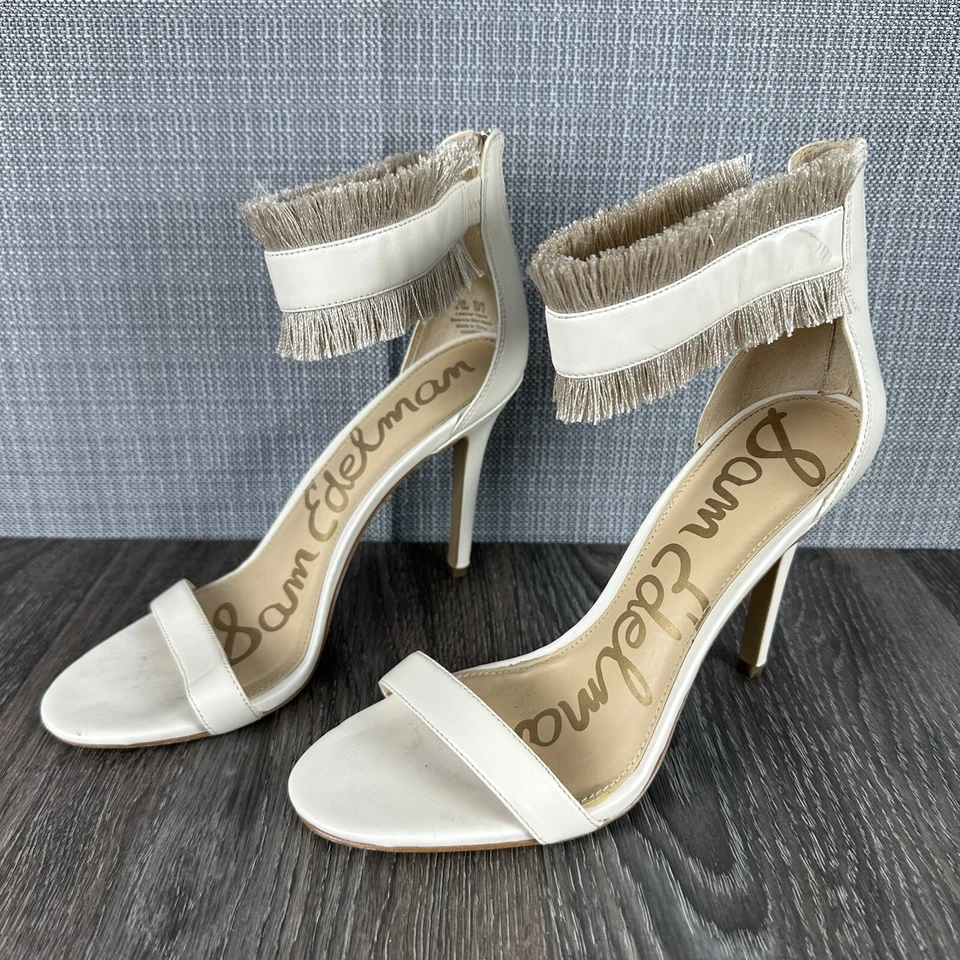Sandalias Sam Edelman Anabeth Tacones Altos 8.5 Beige Cuero Punta Abierta Cremallera Flecos Foto 1 de 4