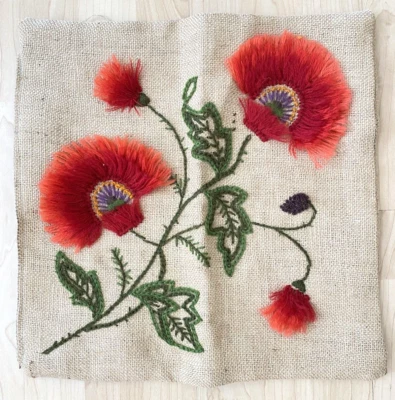 Vintage Embroidered Pillow Cover Case Crewel Flowers Floral 3D Boho - Image 1 of 4