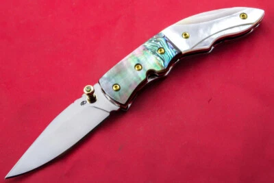 CUSTOM HANDMADE FOLDING KNIFE 440C BLACK WHITE MOP ABALONE TITANIUM PLATED SCREW - Image 1 of 4
