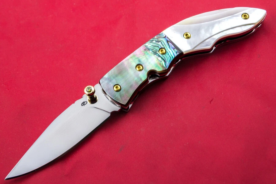 CUSTOM HANDMADE FOLDING KNIFE 440C BLACK WHITE MOP ABALONE TITANIUM PLATED SCREW - Image 1 of 4