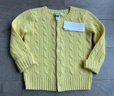 NUEVO CON ETIQUETAS $250 RALPH LAUREN AMARILLO 100% CACHEMIR CÁRDIGAN SUÉTER TALLA 12M Foto 1 de 3