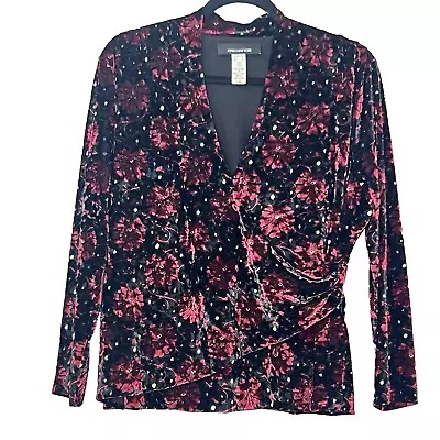 Jones New York Velvet Womens XL WhimsiGoth Faux Wrap Floral Beaded Witchy Blouse - Image 1 of 4