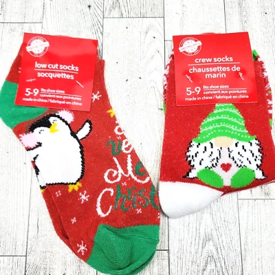 2 pares de calcetines navideños para mujer talla 5-9 gnomo pingüino tripulación baja casa de Navidad Foto 1 de 3