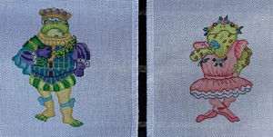 Mr & Mrs Frog Prince & Ballerina Needlepoint Handpainted Canvases Crown Tutu - Picture 1 of 15