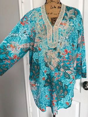 Charter Club Top Tunic 3/4 Sleeve V-Neck Embroidered Blue Floral Cotton 3X - Image 1 of 4