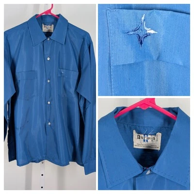 Camisa Azul Vintage Años 60 Mod Rockabilly Satén Bordada EE. UU. 16 | 16.5 Darwin  Foto 1 de 4