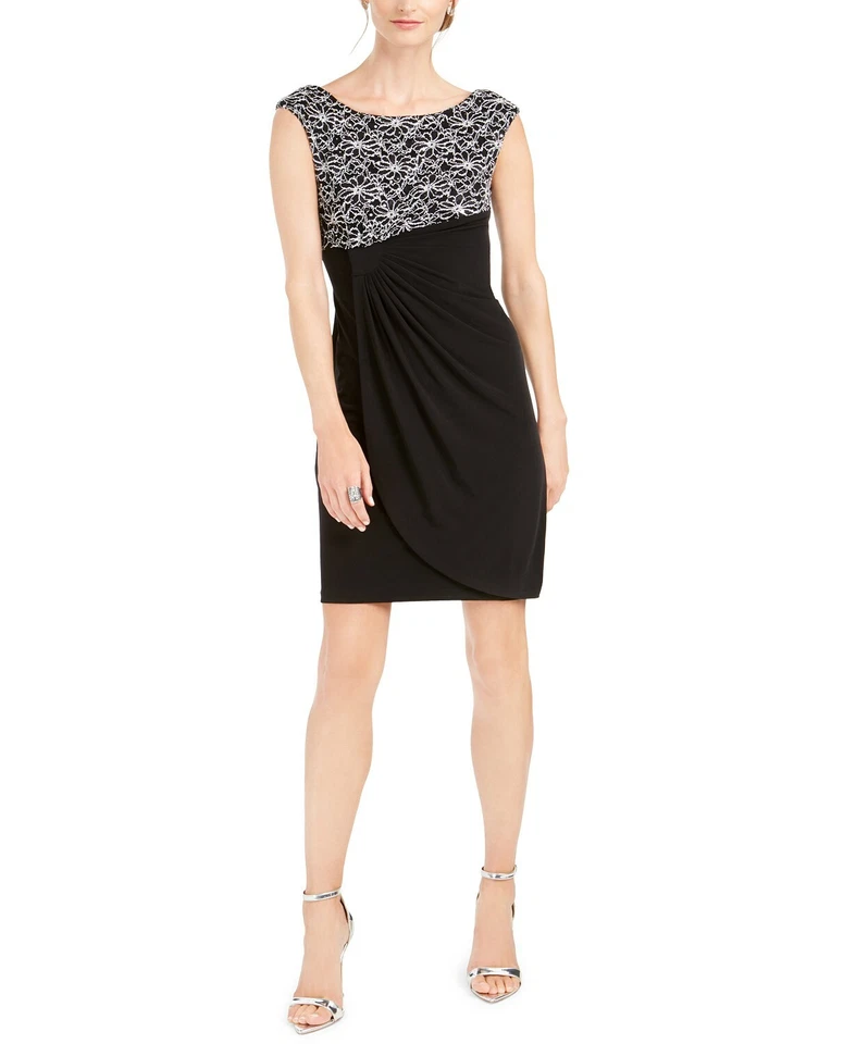 Connected Apparel Women's Dress Black Size 8P Petite Sheath Lace Jersey #063