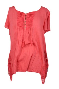 Jm Collection Pink Cap-Sleeve Crochet-Trim Handkerchief-Hem Blouse XS - Picture 1 of 3