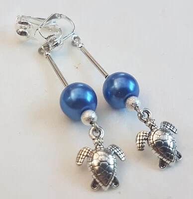 OHRCLIPS  CLIPS VERSILBERT BLAUE PERLEN SCHILDKRÖTEN - Bild 1 von 2