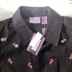 NWT PREMIER Int Womens Tank Top Black M Embroidered flowers Linen blouse Sleevel - Picture 1 of 7