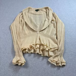 Lauren Ralph Lauren Linen Sweater Woman L Tan Cardigan Ruffle Sheer Fairy Y2K - Picture 1 of 9
